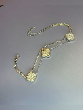 Delicate Silver Double Chain Bracelet with Clover Center and Crystal Accents